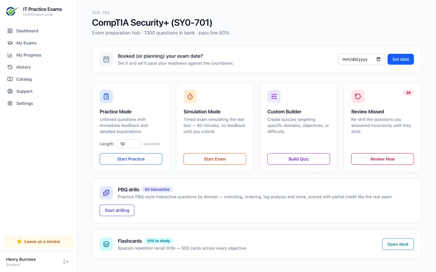 The Security+ exam hub: practice mode, timed simulation, custom quiz builder, review of missed questions, and readiness by domain