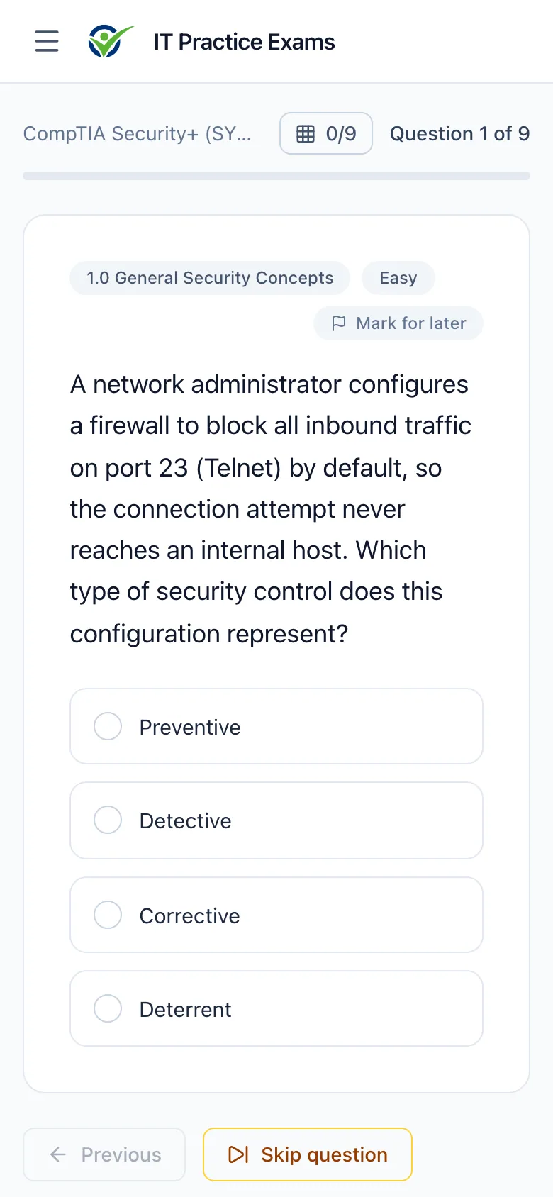 An Security+ practice question on a phone