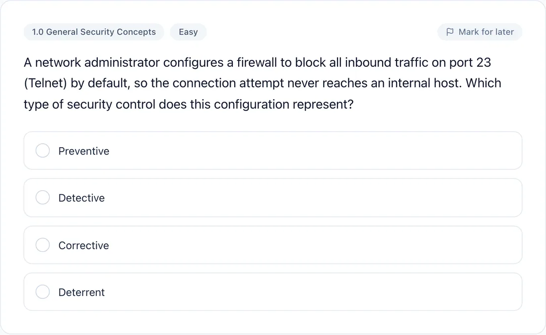 A Security+ practice question as it appears in the app