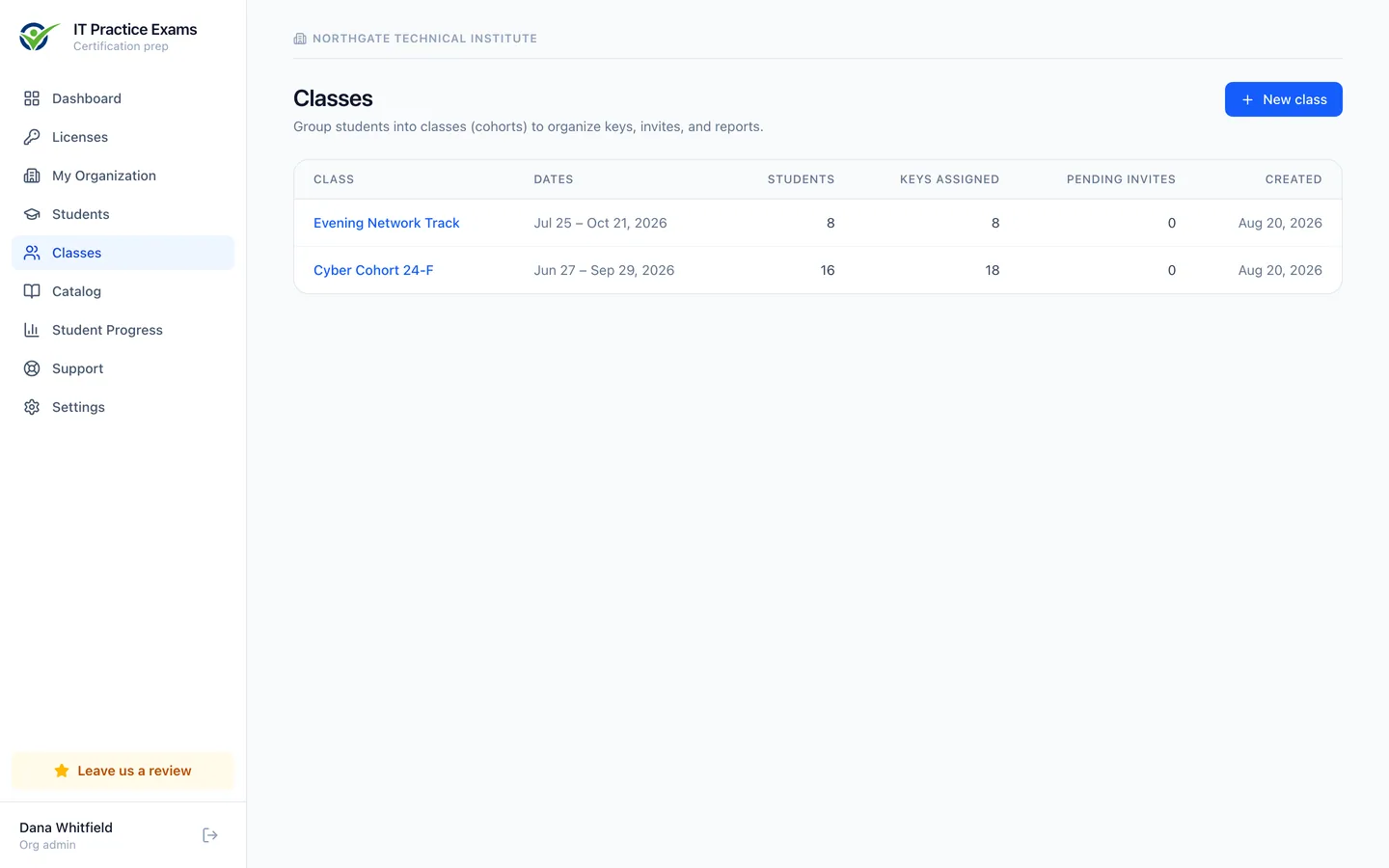 The classes screen, showing each cohort with its session dates and the students enrolled in it