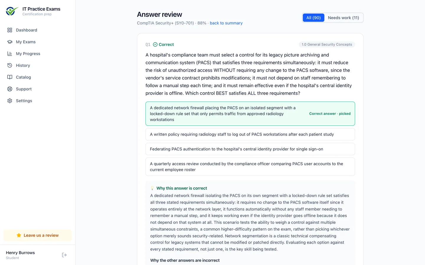 The answer review screen, showing a graded question with the correct answer marked and a full explanation